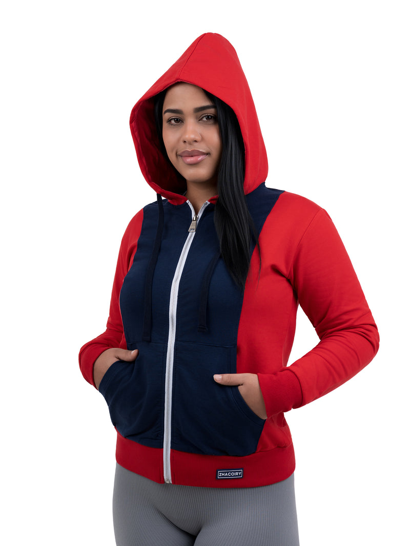ZHACOIRY Unisex Color-Block Zip-Up hoodies – Red/Navy