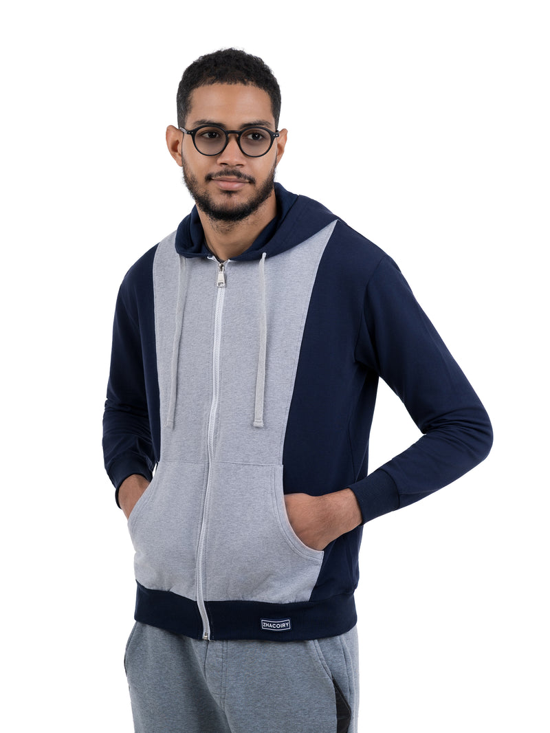 ZHACOIRY Unisex Color-Block Zip-Up hoodies - Navy/Grey