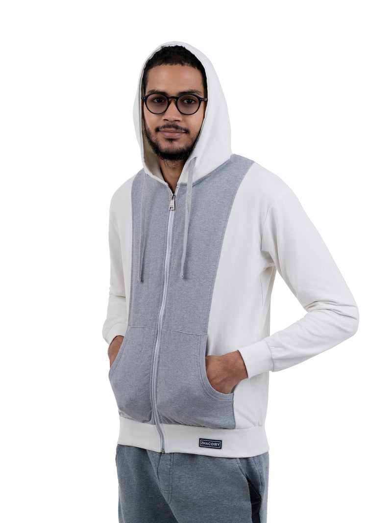 ZHACOIRY Unisex Color-Block Zip-Up hoodies - White/Gray