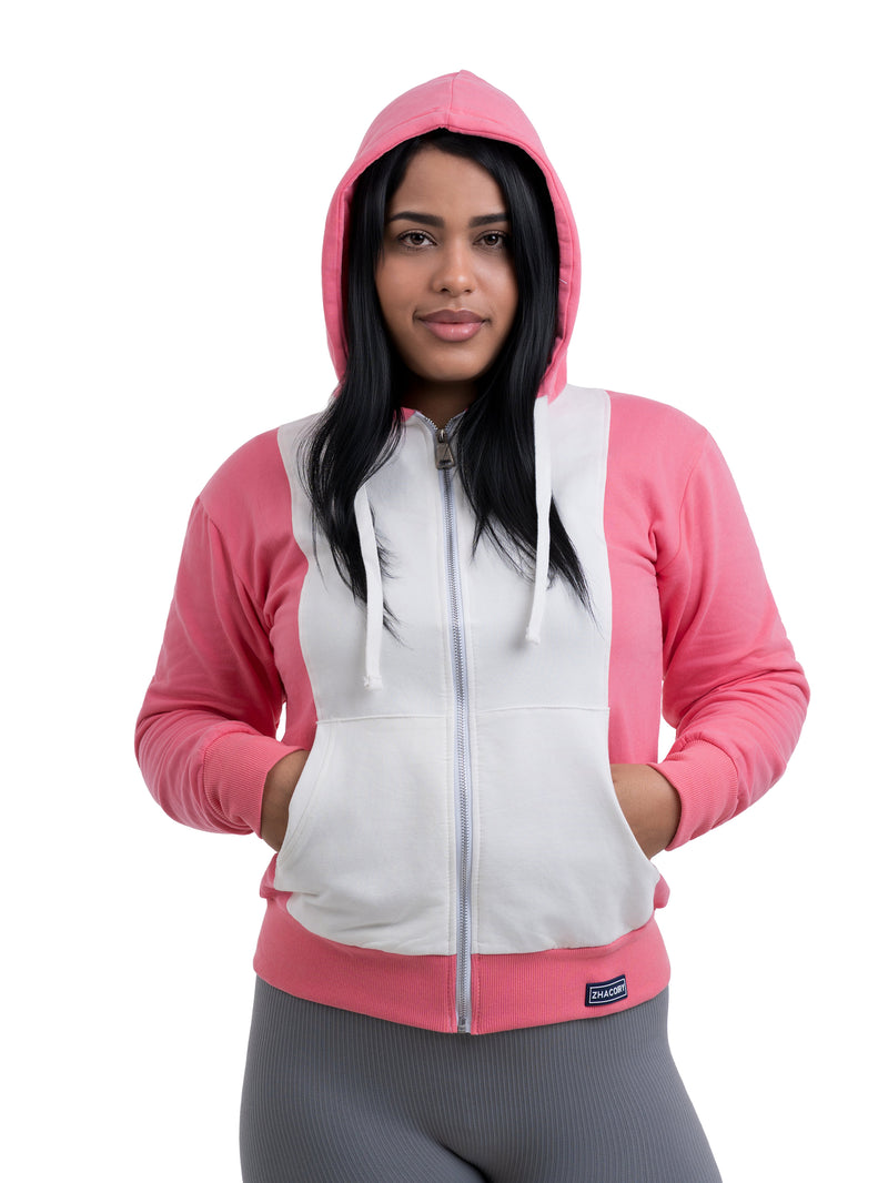 ZHACOIRY Unisex Color-Block Zip-Up hoodies - Pink/White